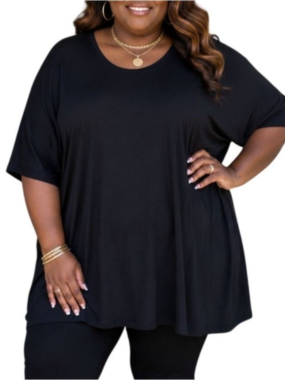 Woman Within Plus Size 5X Top Black Cotton Scoop Neck Tunic Lightweight